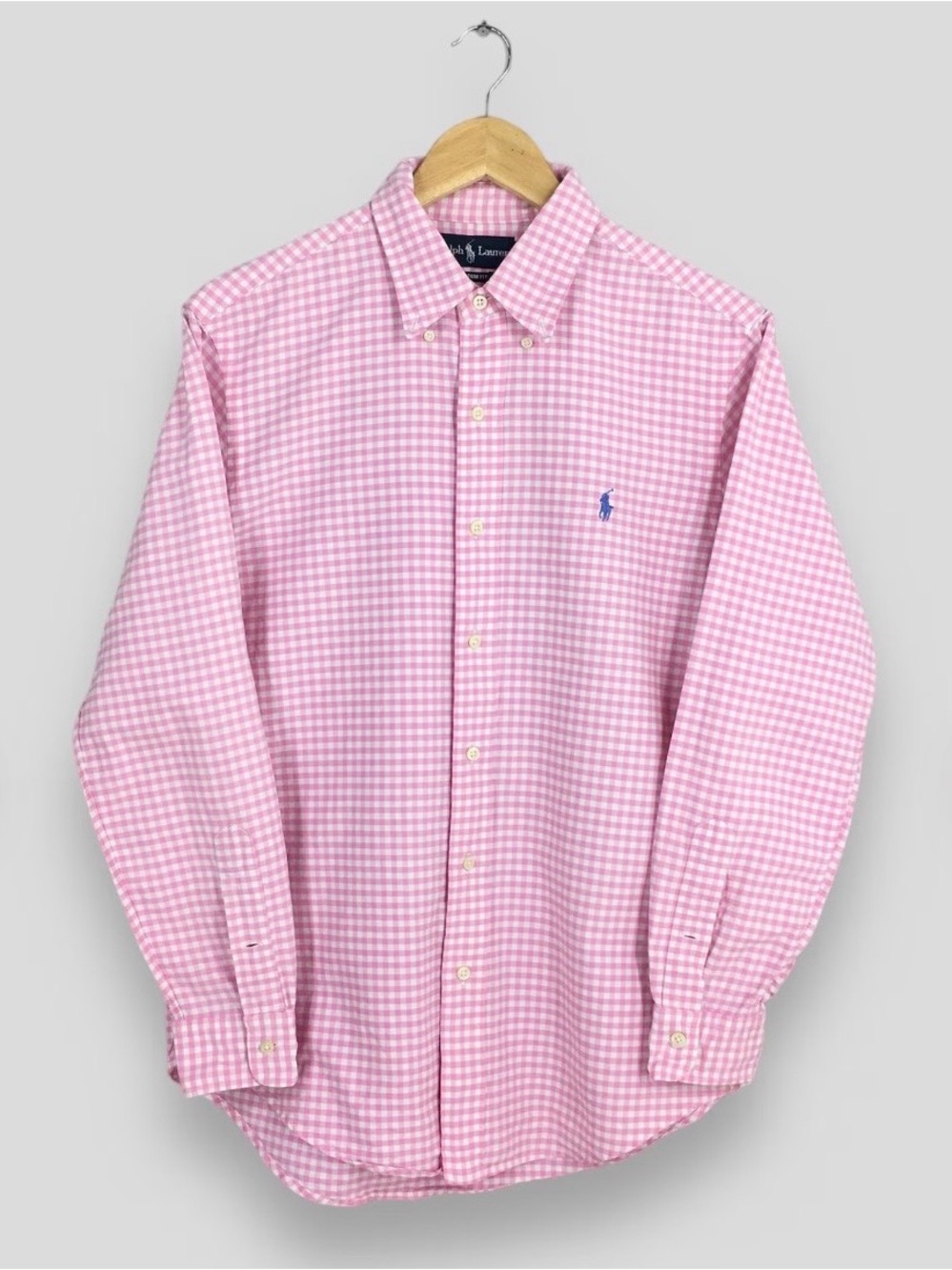 Vintage Ralph Lauren Men’s Shirt Pink White Gingham Button Custom Fit XL Preppy